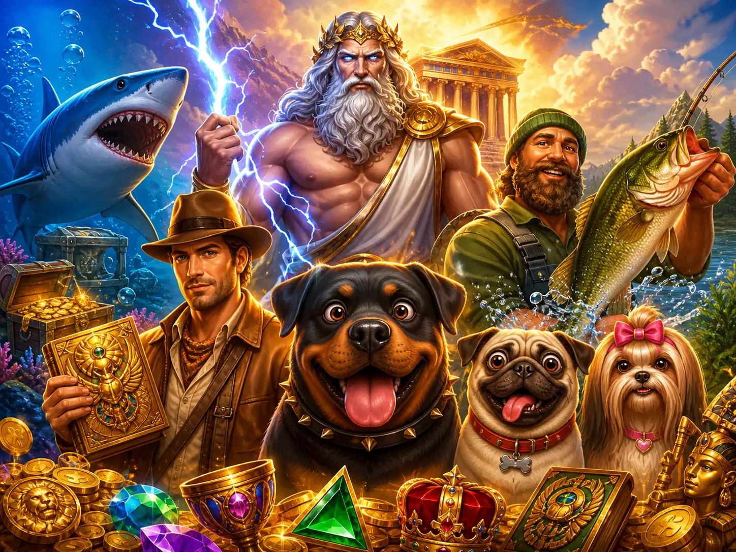 A vibrant slot game artwork featuring mythical creatures, treasure chests, and a fantasy landscape in a colorful digital illu